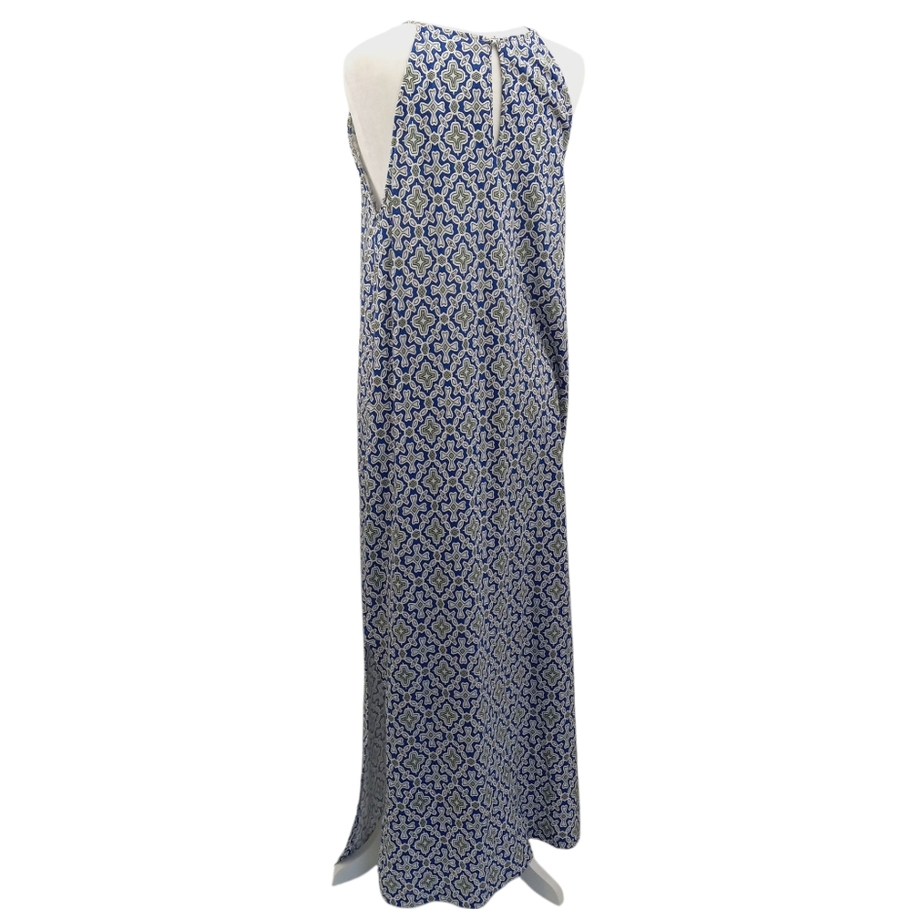 Boden Racer Neck Sundress Size 12L Blue White Heron Flora Tile Print Side Slit - Picture 8 of 12